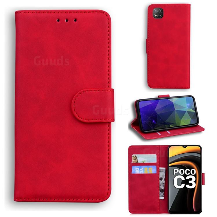 Retro Classic Skin Feel Leather Wallet Phone Case for Mi Xiaomi Poco C3 - Red