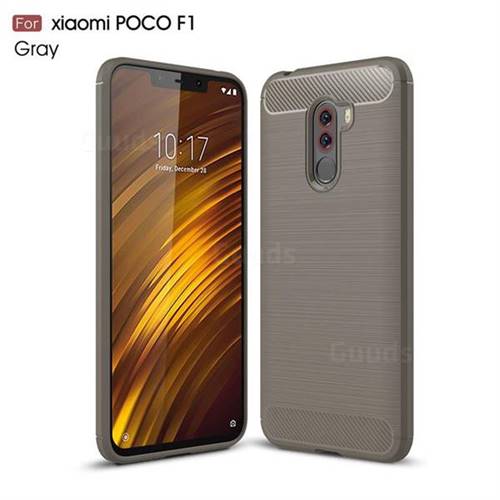 Luxury Carbon Fiber Brushed Wire Drawing Silicone TPU Back Cover for Mi Xiaomi Pocophone F1 - Gray