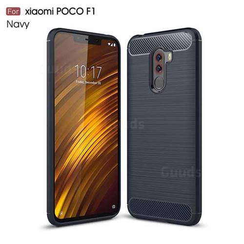 Luxury Carbon Fiber Brushed Wire Drawing Silicone TPU Back Cover for Mi Xiaomi Pocophone F1 - Navy