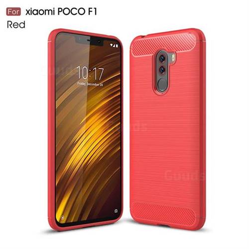 Luxury Carbon Fiber Brushed Wire Drawing Silicone TPU Back Cover for Mi Xiaomi Pocophone F1 - Red