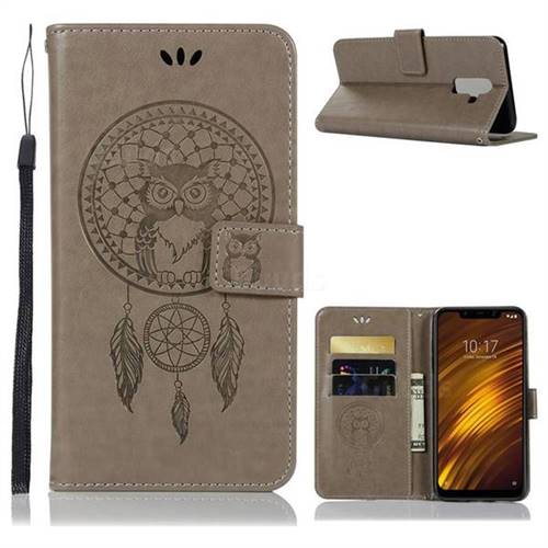 Intricate Embossing Owl Campanula Leather Wallet Case for Mi Xiaomi Pocophone F1 - Grey