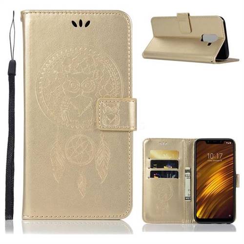 Intricate Embossing Owl Campanula Leather Wallet Case for Mi Xiaomi Pocophone F1 - Champagne
