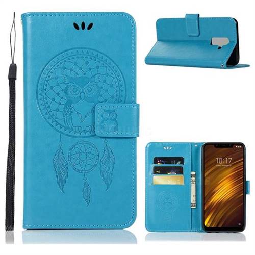 Intricate Embossing Owl Campanula Leather Wallet Case for Mi Xiaomi Pocophone F1 - Blue