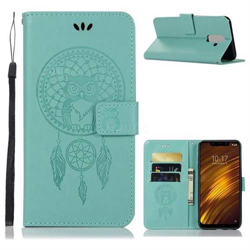 Intricate Embossing Owl Campanula Leather Wallet Case for Mi Xiaomi Pocophone F1 - Green
