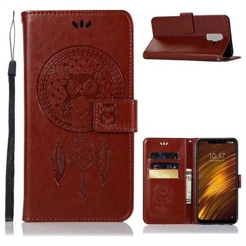 Intricate Embossing Owl Campanula Leather Wallet Case for Mi Xiaomi Pocophone F1 - Brown