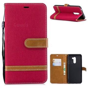Jeans Cowboy Denim Leather Wallet Case for Mi Xiaomi Pocophone F1 - Red