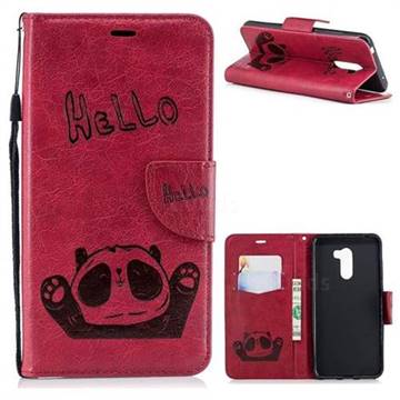 Embossing Hello Panda Leather Wallet Phone Case for Mi Xiaomi Pocophone F1 - Red