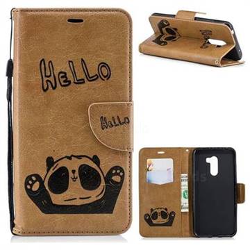 Embossing Hello Panda Leather Wallet Phone Case for Mi Xiaomi Pocophone F1 - Brown