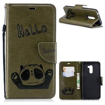 Embossing Hello Panda Leather Wallet Phone Case for Mi Xiaomi Pocophone F1 - Olive Green