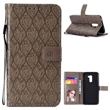 Intricate Embossing Rattan Flower Leather Wallet Case for Mi Xiaomi Pocophone F1 - Grey