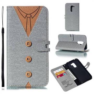 Mens Button Clothing Style Leather Wallet Phone Case for Mi Xiaomi Pocophone F1 - Gray
