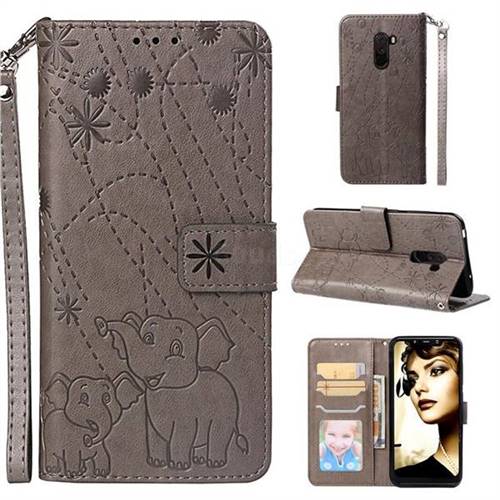 Embossing Fireworks Elephant Leather Wallet Case for Mi Xiaomi Pocophone F1 - Gray