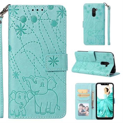 Embossing Fireworks Elephant Leather Wallet Case for Mi Xiaomi Pocophone F1 - Green