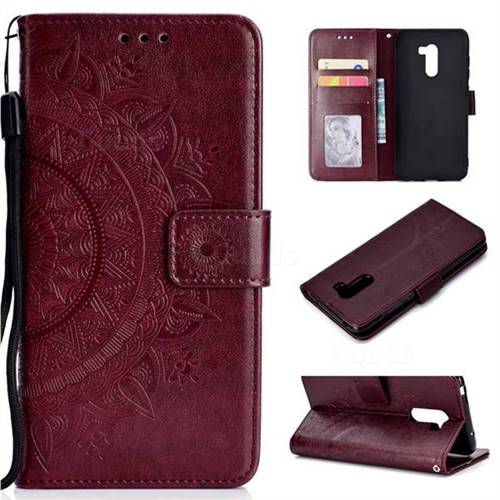 Intricate Embossing Datura Leather Wallet Case for Mi Xiaomi Pocophone F1 - Brown