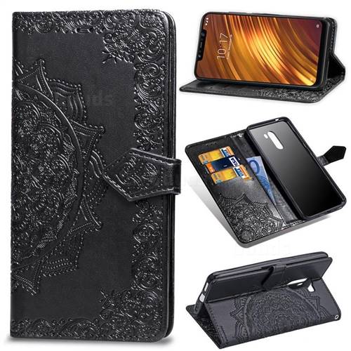 Embossing Imprint Mandala Flower Leather Wallet Case for Mi Xiaomi Pocophone F1 - Black
