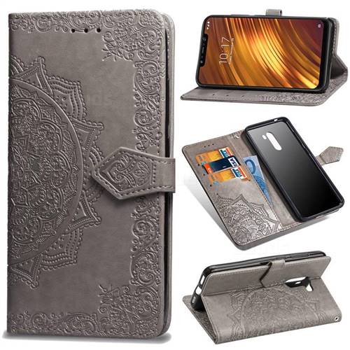 Embossing Imprint Mandala Flower Leather Wallet Case for Mi Xiaomi Pocophone F1 - Gray
