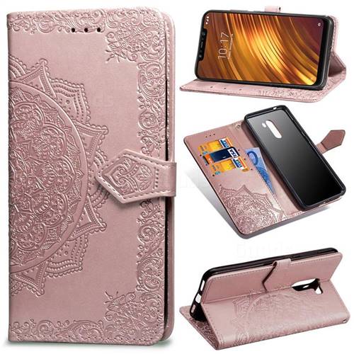 Embossing Imprint Mandala Flower Leather Wallet Case for Mi Xiaomi Pocophone F1 - Rose Gold