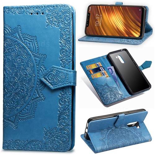 Embossing Imprint Mandala Flower Leather Wallet Case for Mi Xiaomi Pocophone F1 - Blue