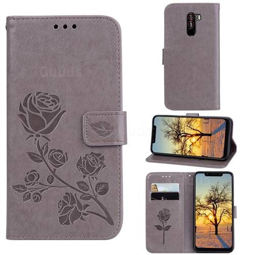 Embossing Rose Flower Leather Wallet Case for Mi Xiaomi Pocophone F1 - Grey