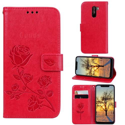 Embossing Rose Flower Leather Wallet Case for Mi Xiaomi Pocophone F1 - Red