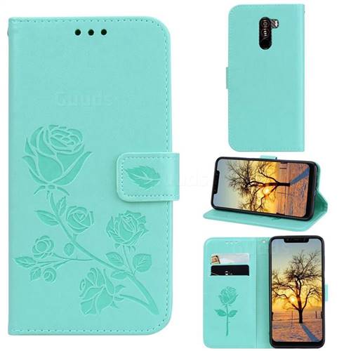Embossing Rose Flower Leather Wallet Case for Mi Xiaomi Pocophone F1 - Green