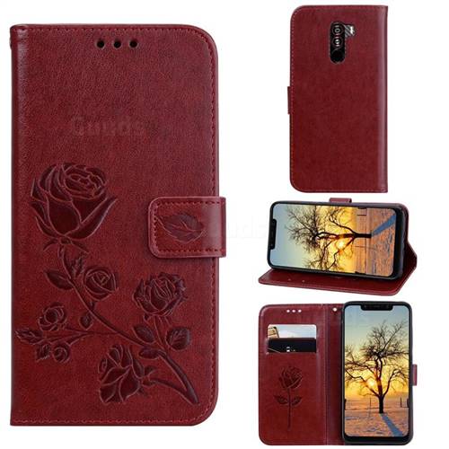Embossing Rose Flower Leather Wallet Case for Mi Xiaomi Pocophone F1 - Brown