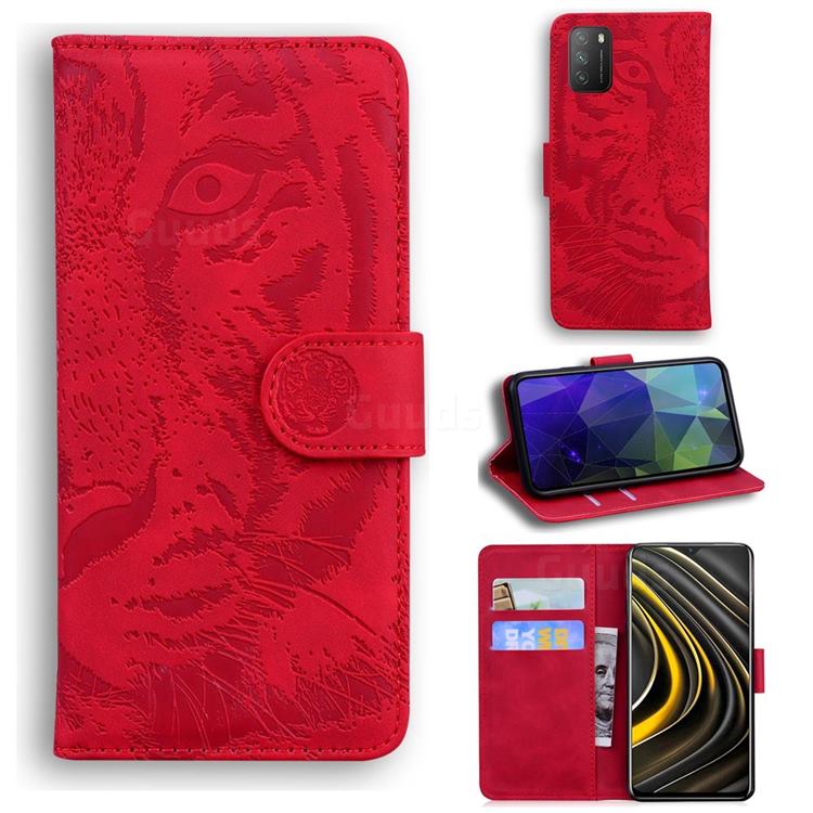 Intricate Embossing Tiger Face Leather Wallet Case for Mi Xiaomi Poco M3 - Red