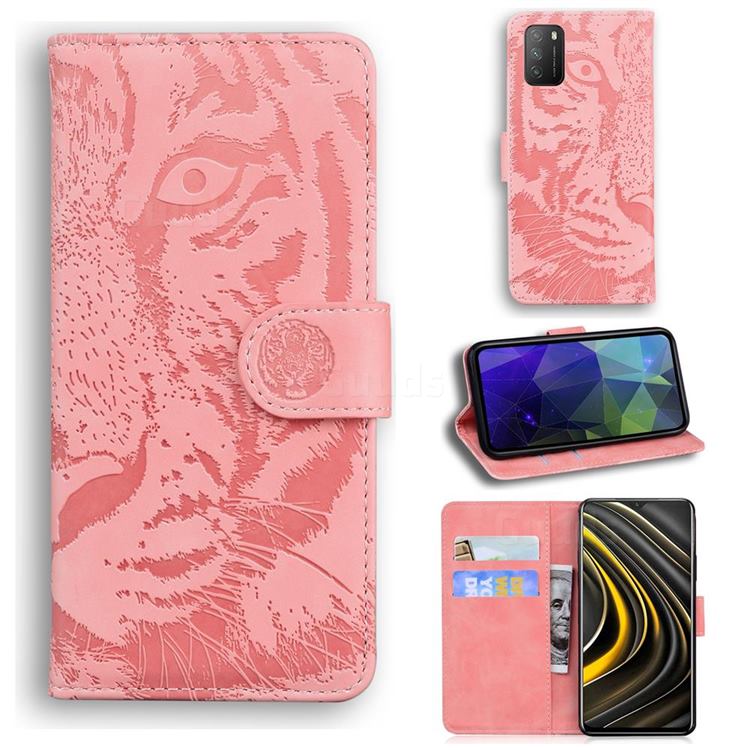Intricate Embossing Tiger Face Leather Wallet Case for Mi Xiaomi Poco M3 - Pink