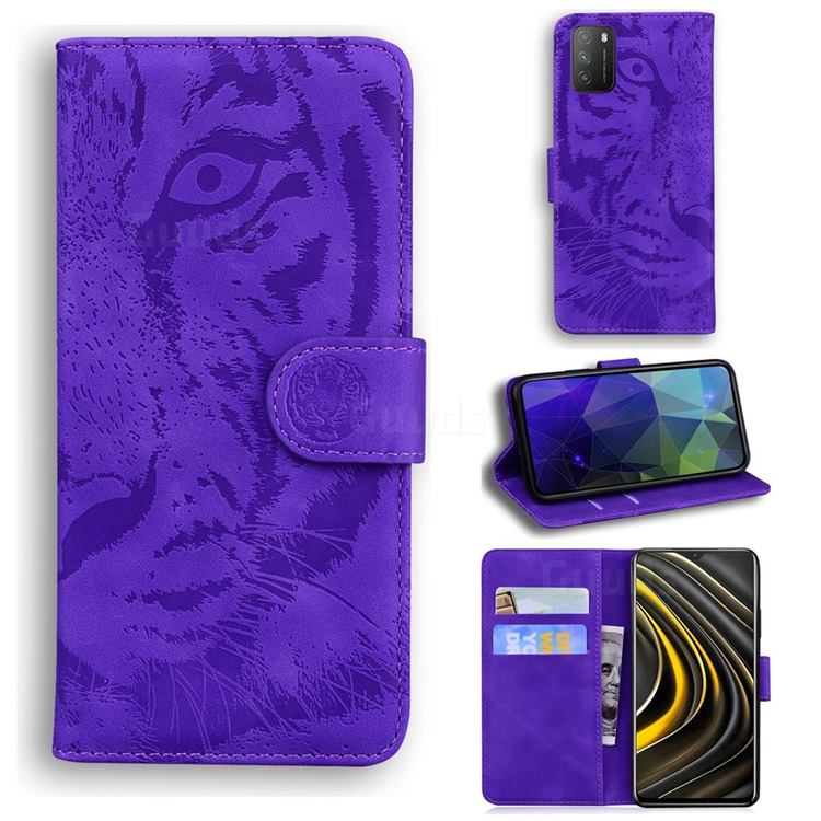 Intricate Embossing Tiger Face Leather Wallet Case for Mi Xiaomi Poco M3 - Purple