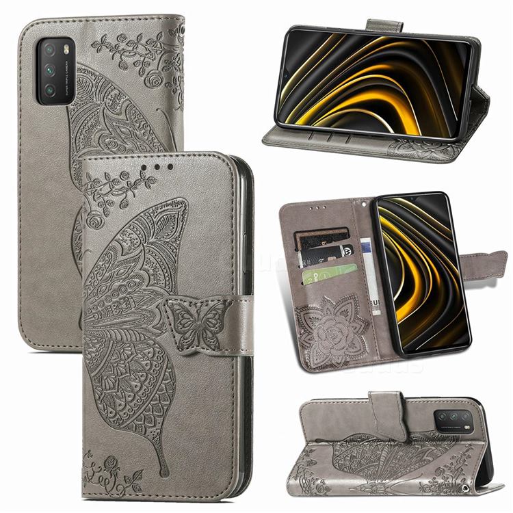 Embossing Mandala Flower Butterfly Leather Wallet Case for Mi Xiaomi Poco M3 - Gray