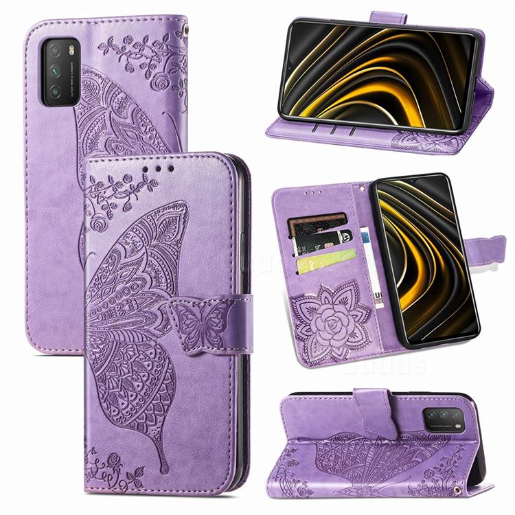 Embossing Mandala Flower Butterfly Leather Wallet Case for Mi Xiaomi Poco M3 - Light Purple