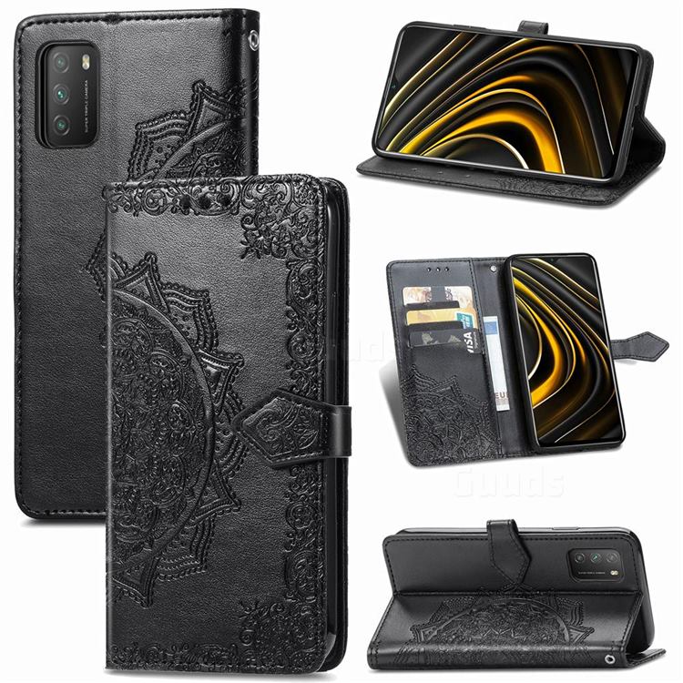 Embossing Imprint Mandala Flower Leather Wallet Case for Mi Xiaomi Poco M3 - Black