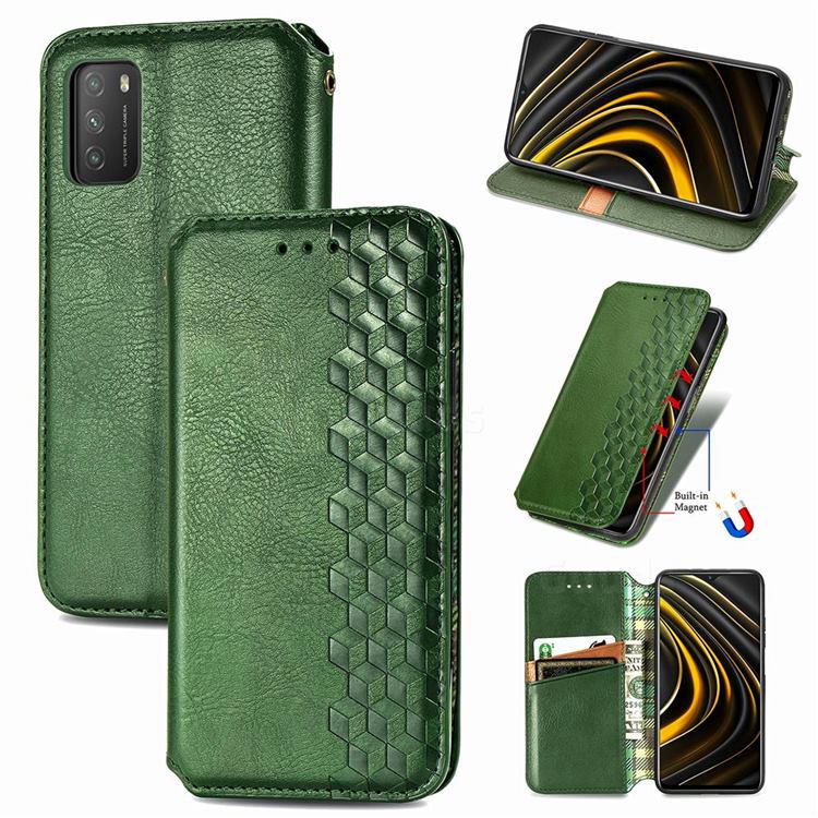 Ultra Slim Fashion Business Card Magnetic Automatic Suction Leather Flip Cover for Mi Xiaomi Poco M3 - Green