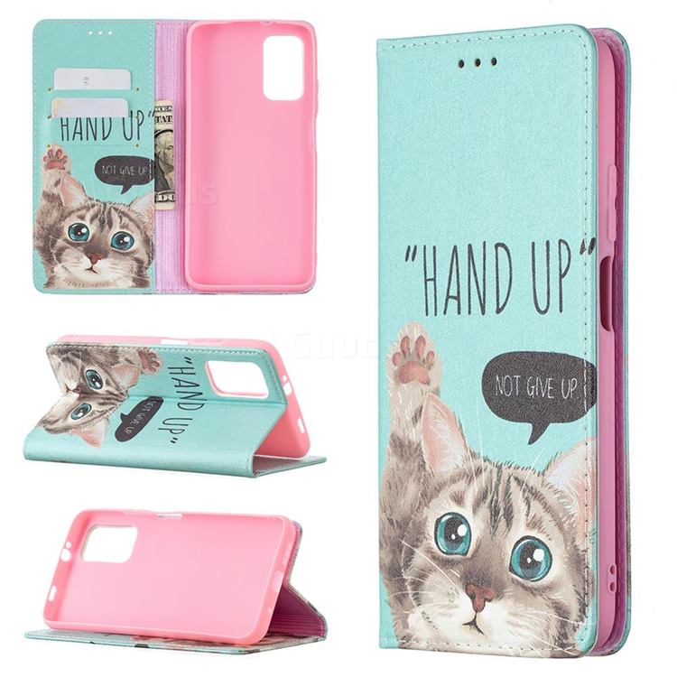 Hand Up Cat Slim Magnetic Attraction Wallet Flip Cover for Mi Xiaomi Poco M3