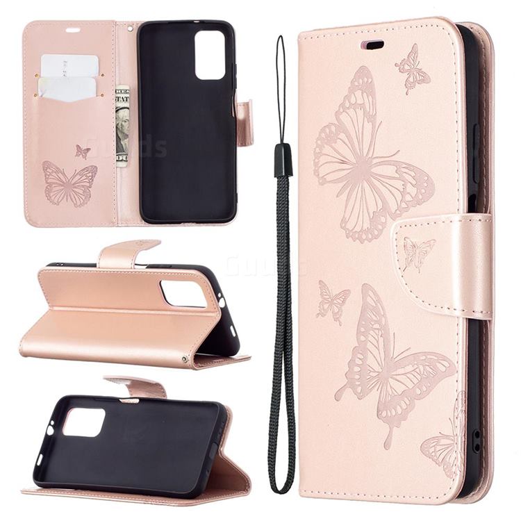Embossing Double Butterfly Leather Wallet Case for Mi Xiaomi Poco M3 - Rose Gold