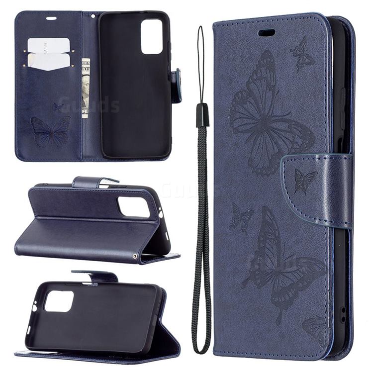Embossing Double Butterfly Leather Wallet Case for Mi Xiaomi Poco M3 - Dark Blue