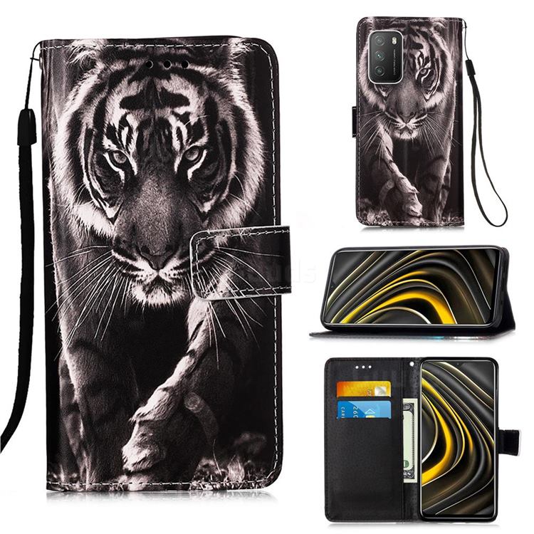 Black and White Tiger Matte Leather Wallet Phone Case for Mi Xiaomi Poco M3