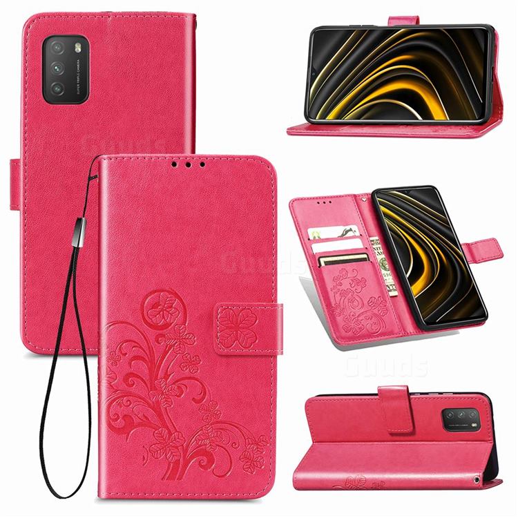 Embossing Imprint Four-Leaf Clover Leather Wallet Case for Mi Xiaomi Poco M3 - Rose Red