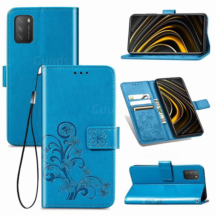 Embossing Imprint Four-Leaf Clover Leather Wallet Case for Mi Xiaomi Poco M3 - Blue