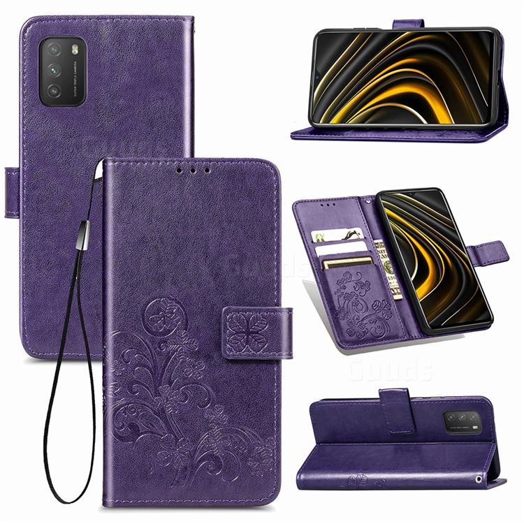 Embossing Imprint Four-Leaf Clover Leather Wallet Case for Mi Xiaomi Poco M3 - Purple