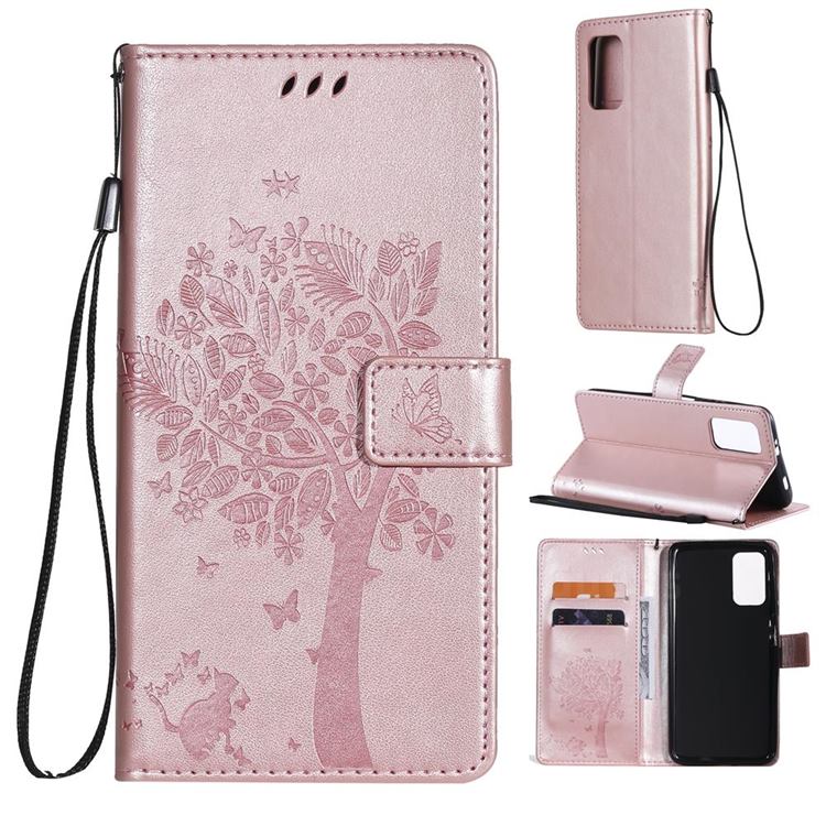 Embossing Butterfly Tree Leather Wallet Case for Mi Xiaomi Poco M3 - Rose Pink
