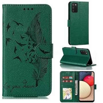 Intricate Embossing Lychee Feather Bird Leather Wallet Case for Mi Xiaomi Poco M3 - Green
