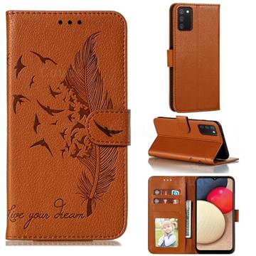 Intricate Embossing Lychee Feather Bird Leather Wallet Case for Mi Xiaomi Poco M3 - Brown
