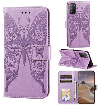Intricate Embossing Rose Flower Butterfly Leather Wallet Case for Mi Xiaomi Poco M3 - Purple