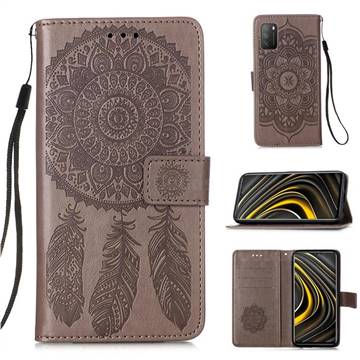 Embossing Dream Catcher Mandala Flower Leather Wallet Case for Mi Xiaomi Poco M3 - Gray