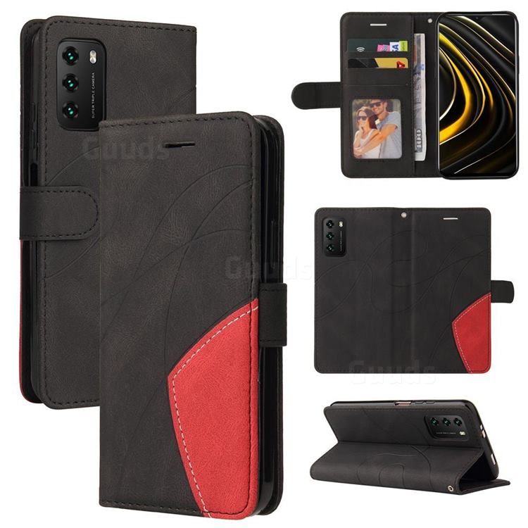 Luxury Two-color Stitching Leather Wallet Case Cover for Mi Xiaomi Poco M3 - Black