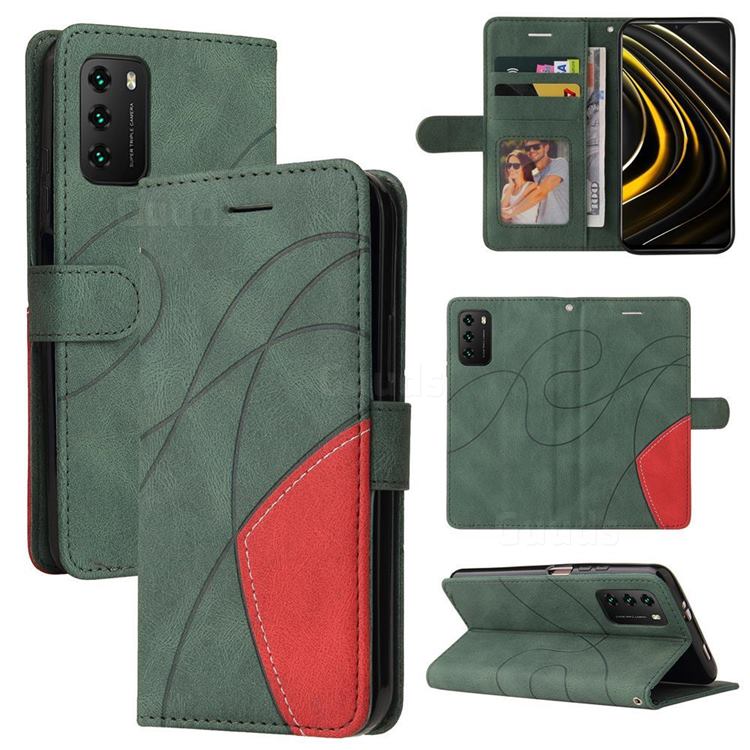Luxury Two-color Stitching Leather Wallet Case Cover for Mi Xiaomi Poco M3 - Green