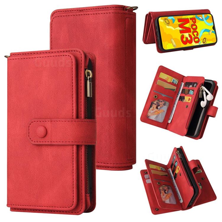 Luxury Multi-functional Zipper Wallet Leather Phone Case Cover for Mi Xiaomi Poco M3 - Red