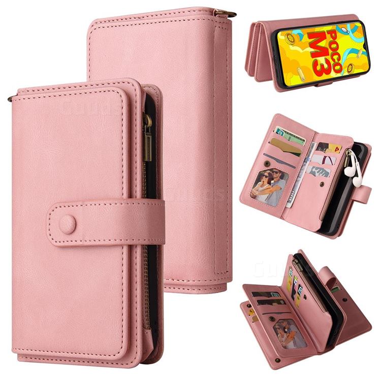 Luxury Multi-functional Zipper Wallet Leather Phone Case Cover for Mi Xiaomi Poco M3 - Pink