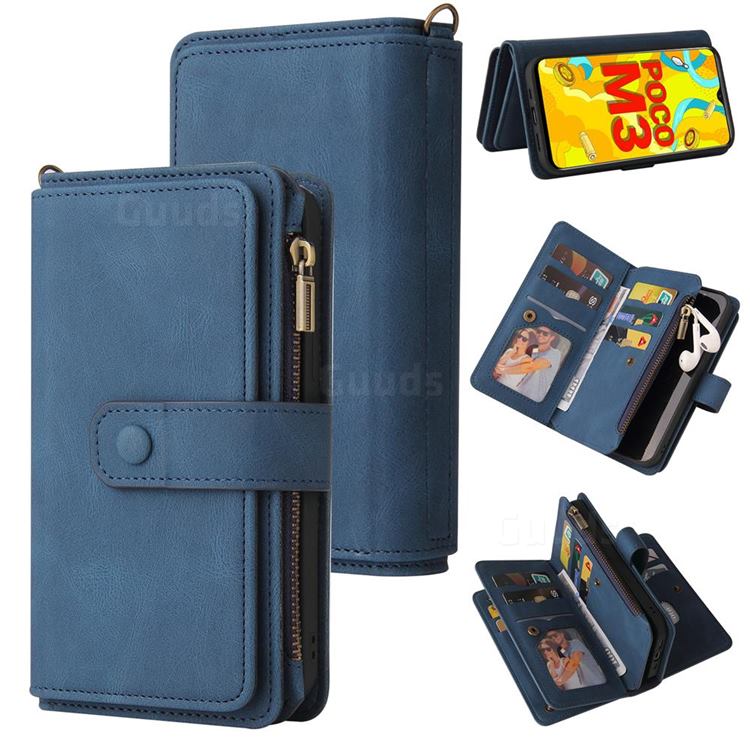 Luxury Multi-functional Zipper Wallet Leather Phone Case Cover for Mi Xiaomi Poco M3 - Blue